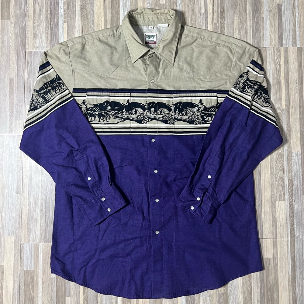 Vintage 80s-90s Cowboys Turtle Western Wrap Around Pearl Snap Button-up Shirt XL